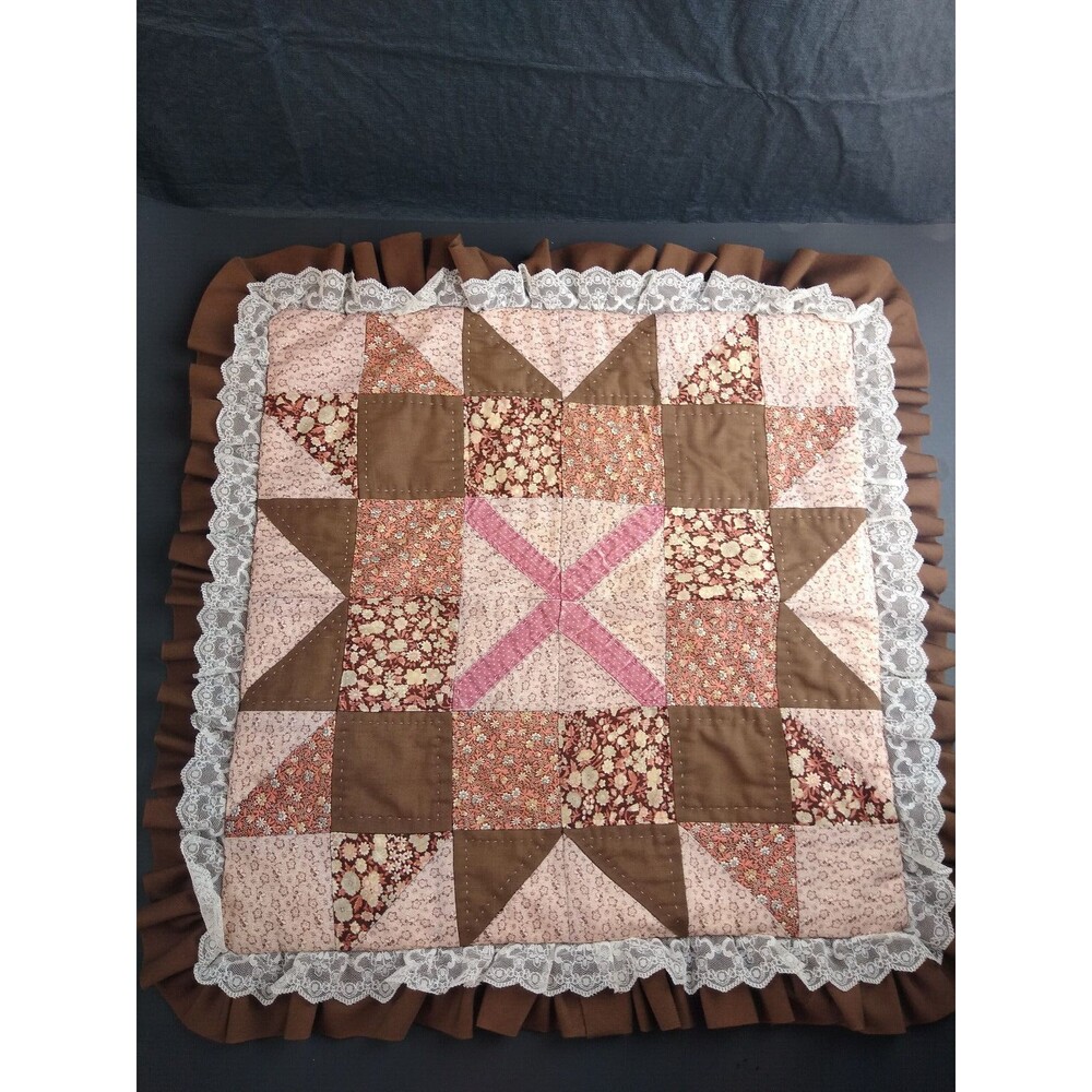Vintage Quilt Pillow Cover Lace Ruffle Edging Brown Peach Floral for 14x14 inch